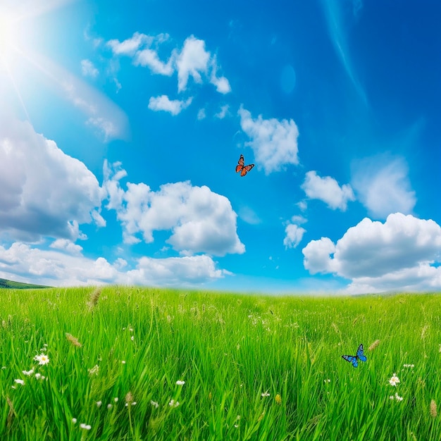 A field of green grass with a blue sky and a butterfly flying in the sky.