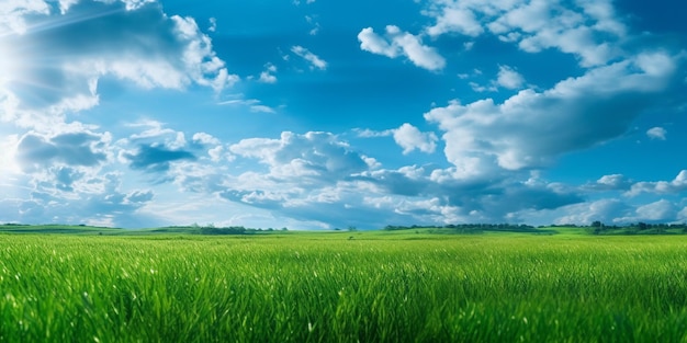 A field of green grass with a blue sky and clouds