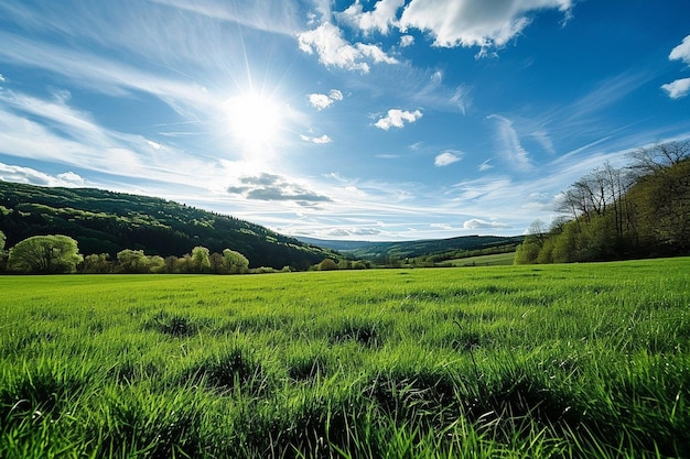 A field of green grass with a blue sky and mountains in the background