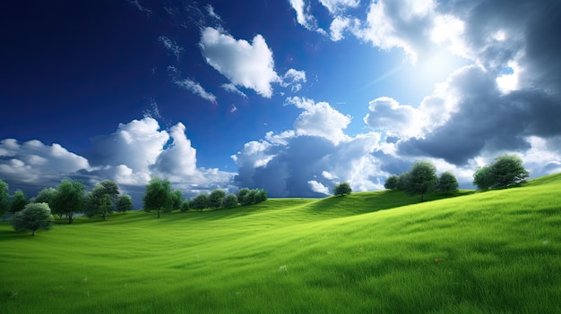 青い空と雲の間から輝く太陽と緑の芝生のフィールド。