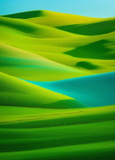 Photo a field of green grass with a blue water background