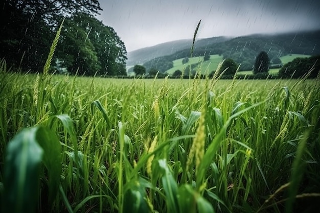 A field of green grass with a mountain in the background