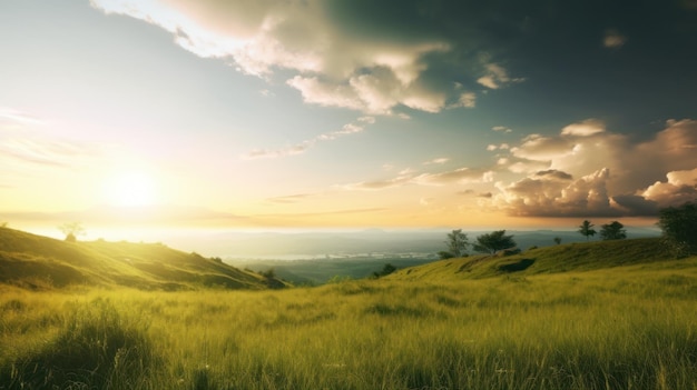 A field of green grass with the sun setting behind it