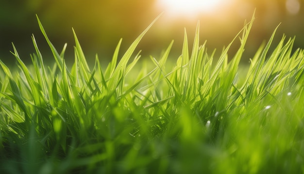 A field of green grass with sunlight shining through