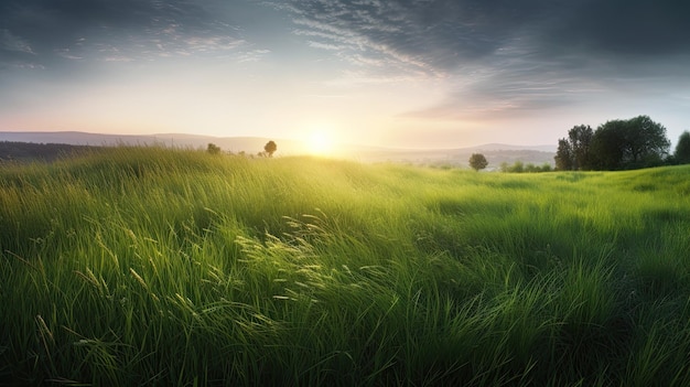 A field of green grass with a sunset in the background