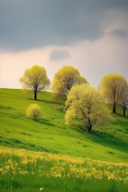 Поле зеленой травы с деревьями и небом на заднем плане