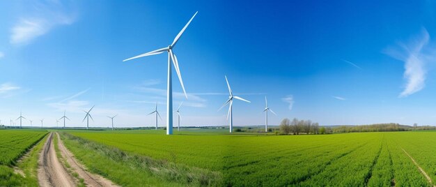 a field of green grass with windmills in the background