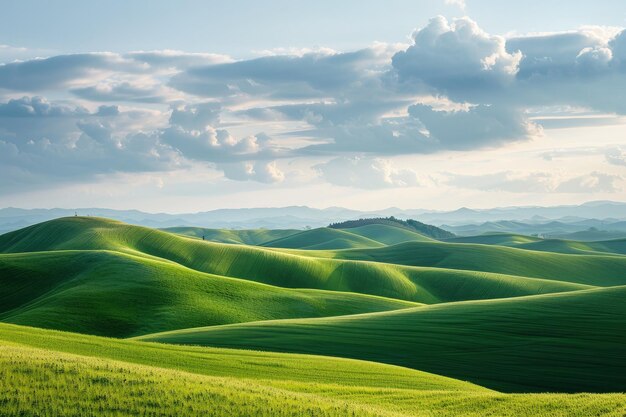 Photo a field of green hills under a cloudy sky