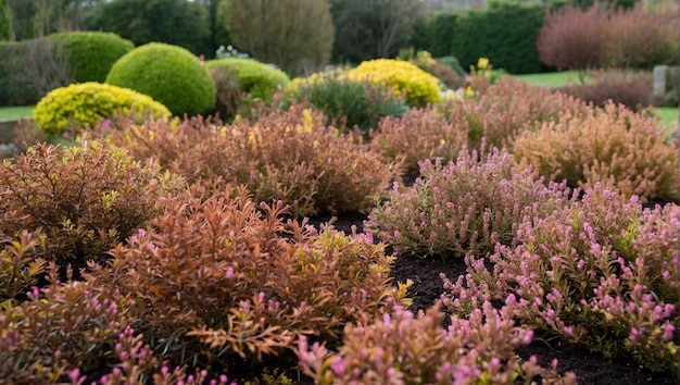 Photo a field of green and pink flowers with a green bush in the background