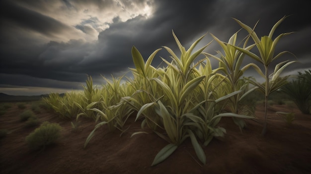 A field of green plants under a cloudy sky