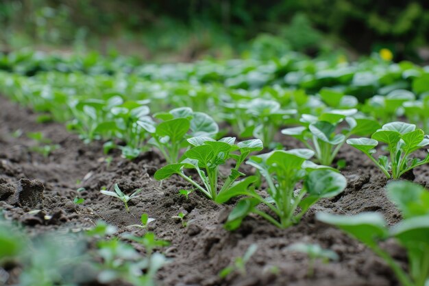 A field of green plants growing in the dirt