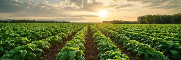 a field of green plants with the sun setting in the background