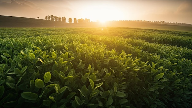 A field of green plants with the sun setting behind it