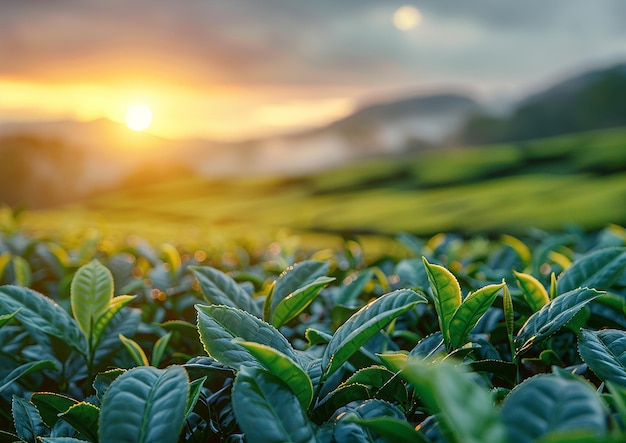 a field of green plants with the sun setting behind them