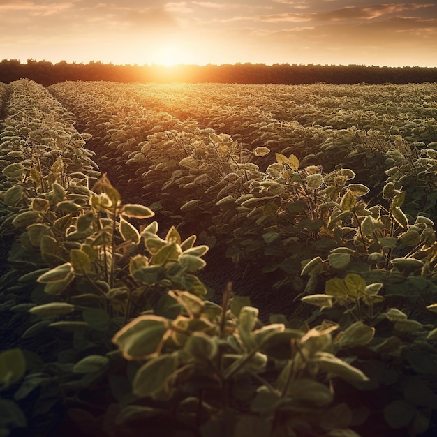 A field of green plants with the sun setting behind them