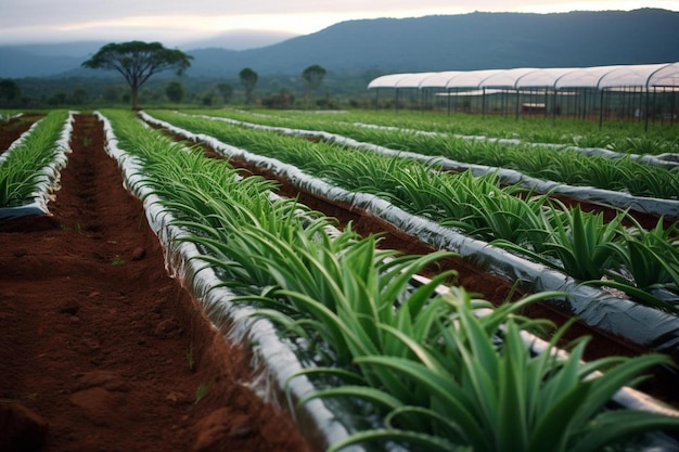 a field of green plants with a white roof in the background.