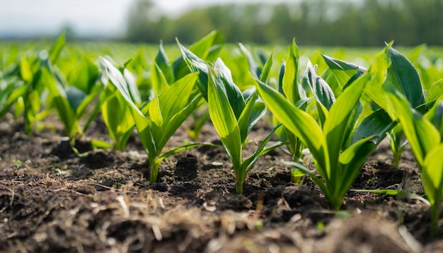 Field of green sprouts growing from the ground Young plant Green environment and ecology farming