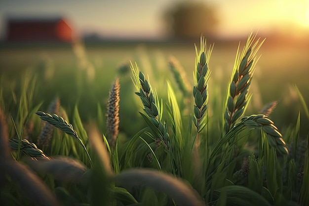 A field of green wheat with a red barn in the background