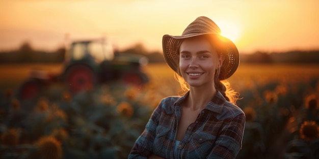 In the field a happy woman farmer operating a tractor in blur Generative Ai