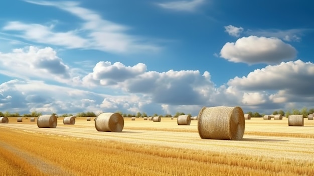 A field of hay bales with a blue sky and clouds in the background.