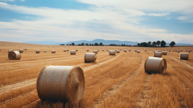 Field of hay rolls under blue sky