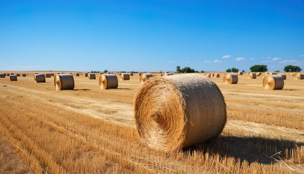 Photo a field of hay with a blue sky in the background