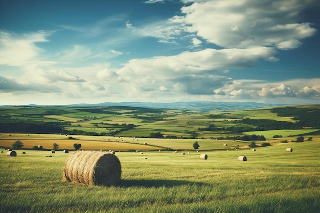 A field of hay with a cloudy sky in the background.