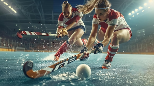 Field hockey players challenging each other for possession of the ball in a midfield battle
