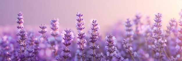 Field of lavender flowers against a sunset backdrop