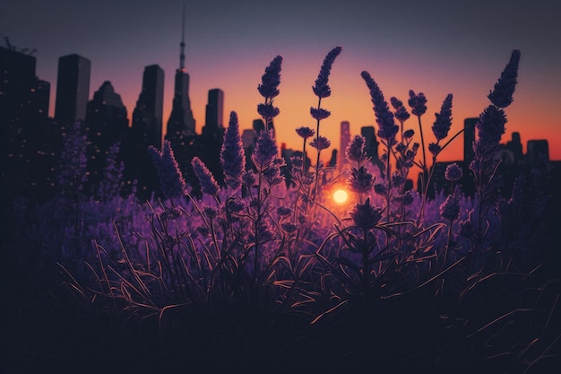 A field of lavender flowers during sunset in new york city