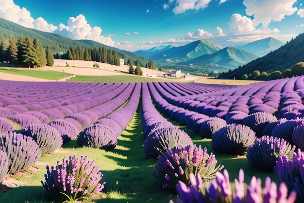 A field of lavender flowers in the mountains