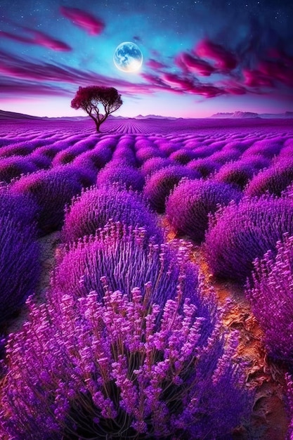 Field of lavender flowers with lone tree in the middle of it generative ai