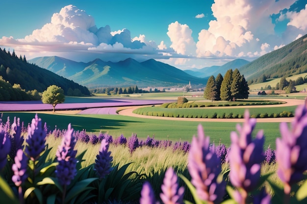 A field of lavender flowers with a mountain in the background