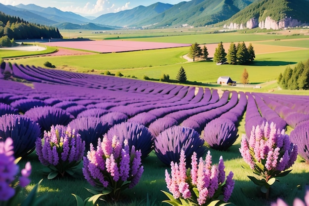 A field of lavender flowers with mountains in the background