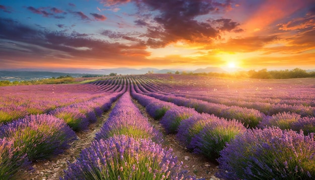 a field of lavender flowers with the sun setting behind it