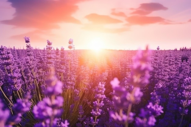 A field of lavender flowers with the sun setting behind them