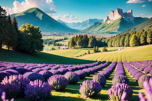 A field of lavender in front of a mountain