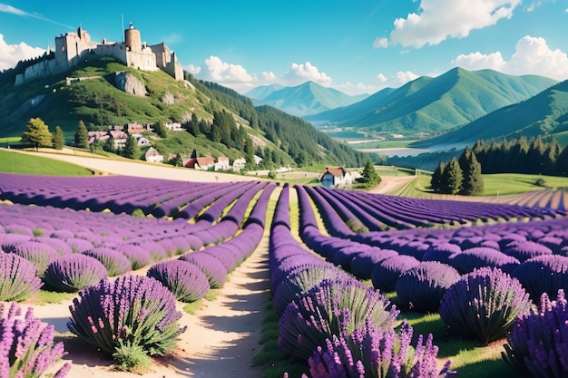 A field of lavender in front of a mountain