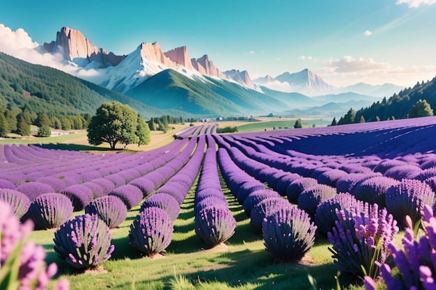 A field of lavender in front of a mountain