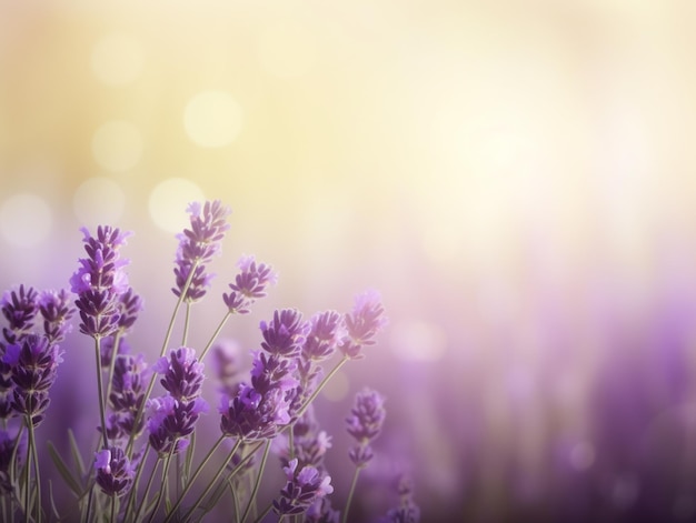 A field of lavender is shown with a yellow background.