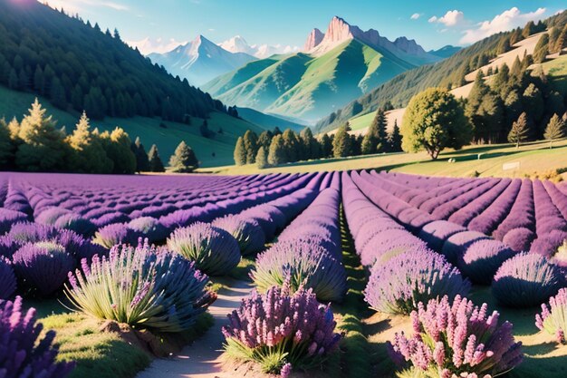 A field of lavender in the mountains