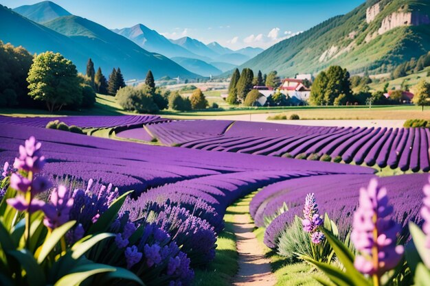 A field of lavender in the mountains