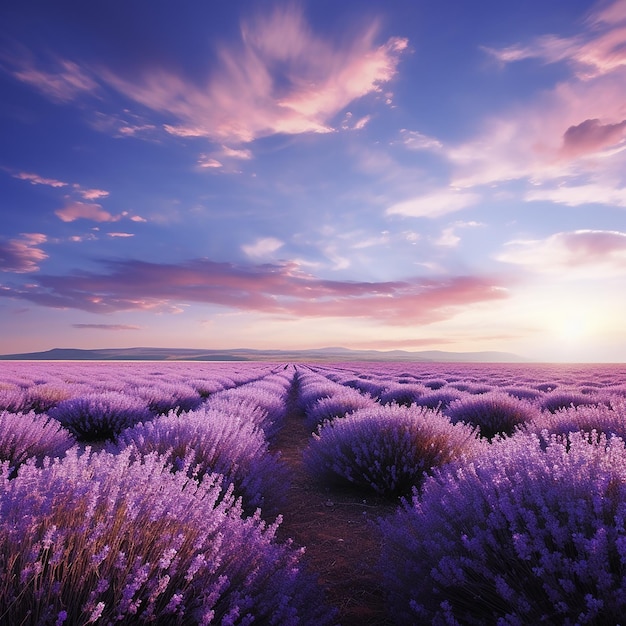 A field of lavender stretching towards the horizon their sweet scent perfuming the air