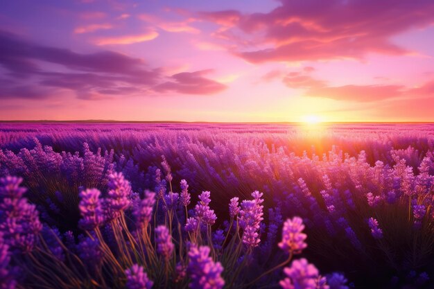 A field of lavender in a sunset