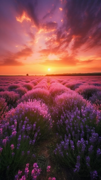 A field of lavender at sunset.