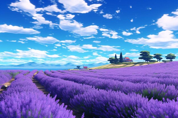 A field of lavender with a mountain in the background