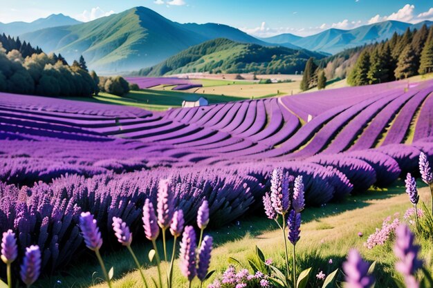 A field of lavender with a mountain in the background