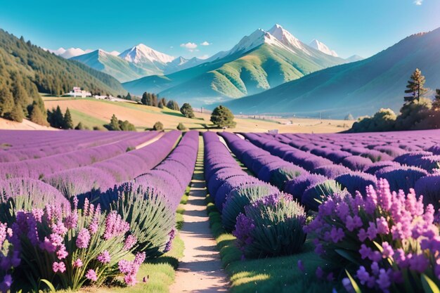 A field of lavender with mountains in the background