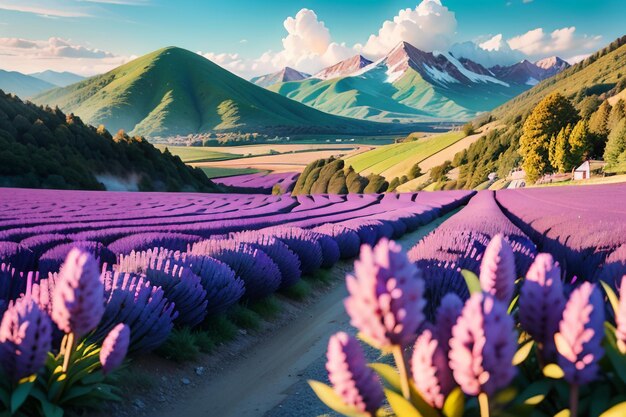 A field of lavender with mountains in the background