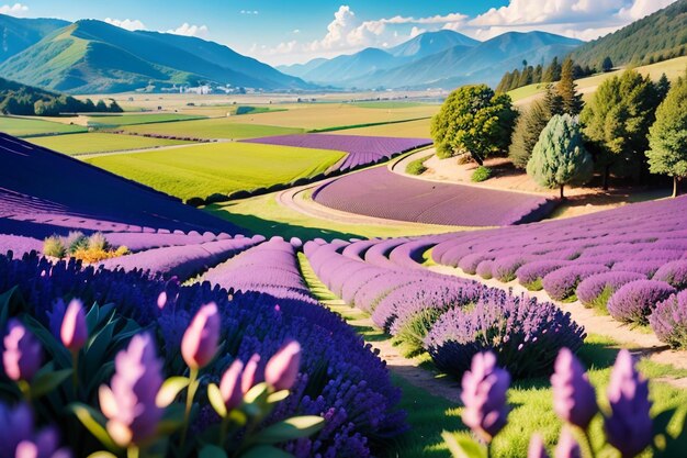 A field of lavender with mountains in the background